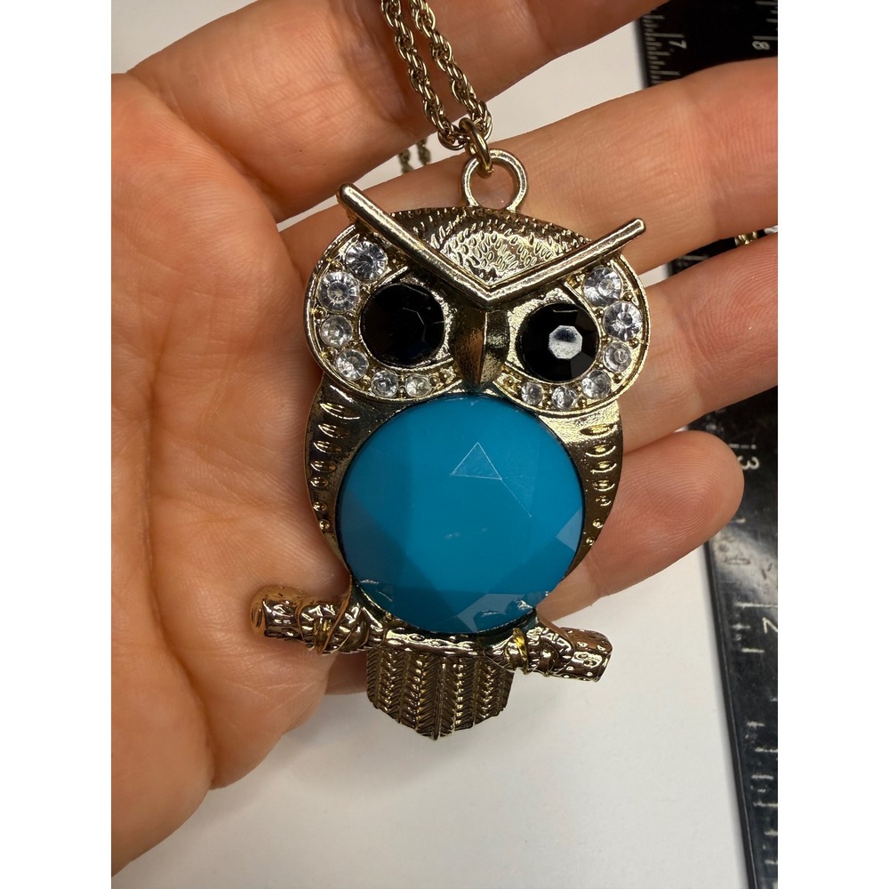 Gold Tone Owl Pendant Necklace Turquoise Blue Stone Rhinestone Eyes Long Chain